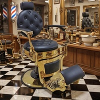 Fauteuil de Barbier Hydraulique Luxe à Cadre Doré et Capitonnage, Inclinable, Style Vintage pour Salon de Coiffure et Barbier