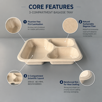 Barquette à repas prêts-à-manger à 3 compartiments en bagasse de canne à sucre avec revêtement PLA, faible coût de moulage personnalisé, conteneur alimentaire congelé compostable sans PFAS