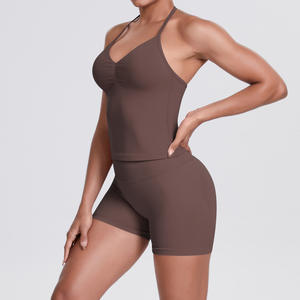 Grande taille sans couture tricoté Spandex/Nylon couleur unie dos nu gilet Shorts Yoga <span class=keywords><strong>tenue</strong></span> ensemble moulant course Fitness Sports - Product Image 3