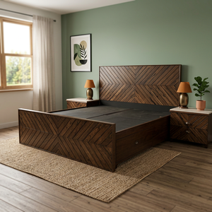 Modern Solid Teak Platform Storage <b>Bed</b> <b>Frame</b> with Herringbone Headboard <b>Queen</b>/King <b>Sizes</b> Contemporary Wooden Bedroom Furniture - Product Image 3