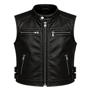 <b>Men's</b> Black PU <b>Leather</b> Moto <b>Vest</b> Stand Collar Zipper Closure Solid Color Plus Size Outerwear Regular Fit - Product Image 1
