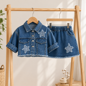 Set Denim Chic per Ragazze: Giacca Corta a Maniche Corte e Gonna a Trapezio con Orlo Sfrangiato e Patchwork di Stelle - Outfit per Bambine - Product Image 1