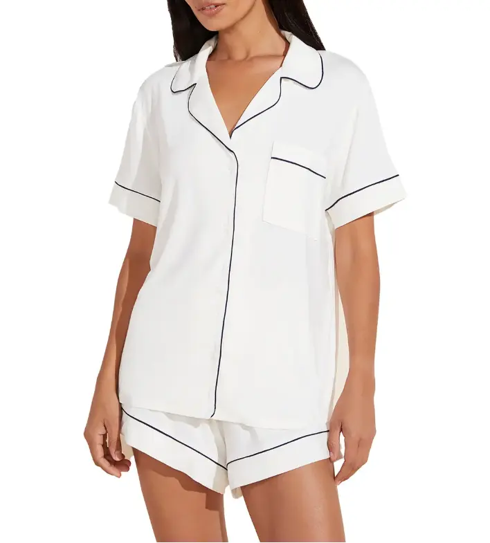 Women's Pajamas Cotton Set Soft Modal 200g Button Short Sleeve Shirt with Shorts Sleepwear PJs Set