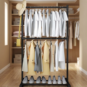 Double Tier Metal <b>Clothing</b> <b>Rack</b> With Wheels <b>Standing</b> Type Wardrobe Storage Holder Minimalist Style - Product Image 5
