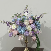 Susunan Bunga Delphinium Mawar Sutra Buatan Warna Putih Pink Debu, Diameter 50cm, Dekorasi Meja Pernikahan, Dekorasi Dalam Ruangan
