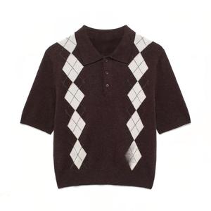 Womens Spring New Fashion Diamond Color Matching Half-Sleeved <strong>Cardigan</strong> <strong>Sweater</strong> for POLO Shirt Half-Lapel - Product Image 1