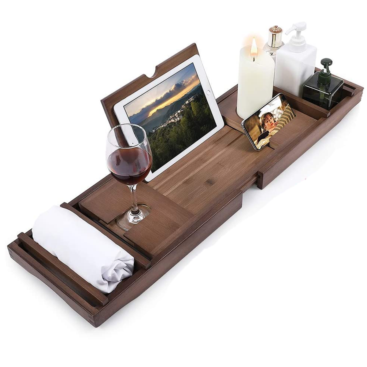 Роскошный расширяемый бамбуковый поднос-органайзер для ванны с книжкой и держателем для вина, Нескользящие выдвижные стороны