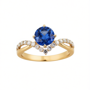 Classic 18K Gold Plated Natural Round Blue Gemstone Engagement Ring for Women with Diamond Accents and Prong Setting - Product Image 1