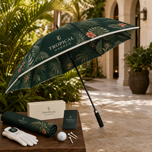 Paraguas de golf de 68 pulgadas resistente al viento con estampado tropical de palmeras al atardecer, doble capa, personalizado OEM, paraguas grande para golfistas y deportes al aire libre. - Product Image 6