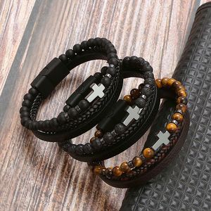 Personalisiertes Mehrschichtiges Schwarzes Leder-Herrenarmband im Boho-Stil mit Edelstahlverschluss und Tigerauge-Perlen für Jubiläen - Product Image 6