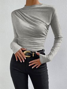 Maxfree – Haut populaire pour femme, coupe ajustée, chemisier plissé à manches longues, t-shirt vintage en tissu tricoté de couleur unie - Product Image 2