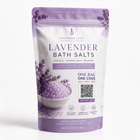 Sachets personnalisés à fermeture éclair avec code QR pour sels de bain à la lavande – Emballage pour produits de spa