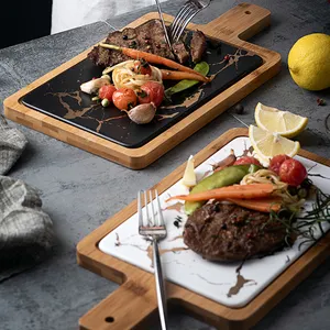 Assiette à steak en céramique marbrée de luxe pour restaurant occidental, planche à charcuterie, planche à découper en bois avec poignée - Product Image 1