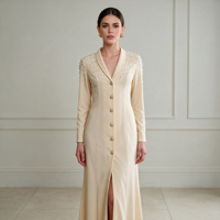 Robe longue élégante pour femme à col en V en spandex à manches longues avec boutons en perles et strass, fente raffinée, haut de gamme et unique