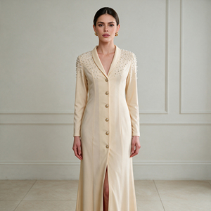 Abito lungo da donna <span class=keywords><strong>con</strong></span> scollo a V in spandex a maniche lunghe, <span class=keywords><strong>con</strong></span> bottoni in perle e strass, elegante, <span class=keywords><strong>con</strong></span> <span class=keywords><strong>spacco</strong></span>, di alta gamma, unico - Product Image 2