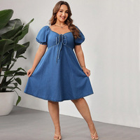 Robes en jean personnalisées grande taille pour femmes, coupe ajustée, manches courtes, col en V élastique à lacets, pour l'été