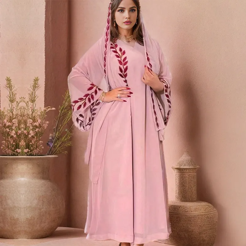 Abito moderno in abaya rosa con hijab con ricamo di piante personalizzate 2 pezzi