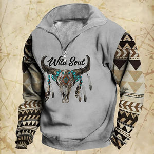 Logo personalizzato abbigliamento da uomo all'ingrosso moda Street Tribe modello di toro felpa da uomo ampio cappotto Vintage con cerniera - Product Image 1