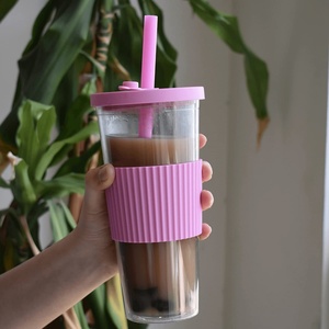 22oz Reusable <b>Boba</b> Cup with Cork Sleeve Cute Pink Plastic <b>Bubble</b> Tea Bottle with Reusable Straw - Product Image 5
