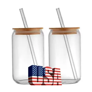 USA 16oz Custom Soda Glassware Iced Glass Coffee Cup Drink Tumbler Mug Drinking Glasses Beer Can Glass with Bamboo Lid Straw