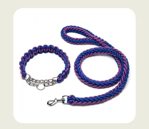 XL tali kekang anjing hitam buatan tangan, kerah nilon tahan lama dengan lampu untuk anjing dan kucing untuk berjalan