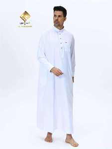 Al Haramain <b>Men's</b> White Cotton <b>Thobe</b> Long Sleeve Stand Collar Floor Length Modest Prayer Robe All Seasons Solid Color - Product Image 5