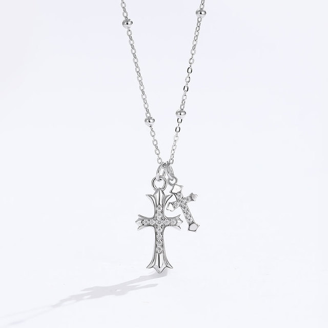 Women's 925 Sterling Silver Zircon Cross Pendant Necklace with Cross Carved Chain Luxury Wedding Jewelry by Kilogram