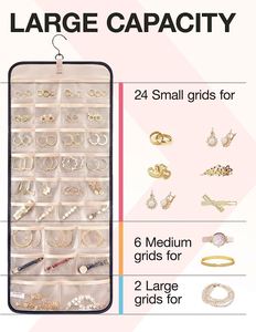 Double-Sided Hanging Jewelry Organizer <b>Storage</b> Roll With Hanger Metal Hooks for Earrings Necklaces Ring - Product Image 3