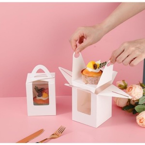 Portable Handle Single <b>Cupcake</b> <b>Box</b> Clear Window Food Grade White Kraft Paper Muffin Cake Packaging <b>Box</b> Custom Logo - Product Image 1
