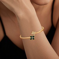 Bracelet jonc YILUN en argent sterling 925 plaqué or 18 carats avec fleur en malachite et trèfle pavé de zirconiums, bijou tendance pour femme