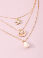 Ensemble de colliers personnalisables plaqués or 3 pièces avec pendentifs étoile de mer, coquillage et perle, et chaînes à maillons pour femmes