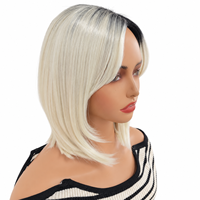 Perruque Bob Courte Droite Synthétique Sans Colle Blond Platine Racines Foncées Ombrées Raie Latérale Effet Superposé Naturel pour Femme