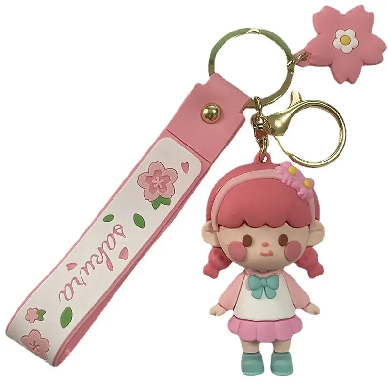 Hot Selling Design Customized Cute 3D Pink Cherry Blossom Girl Plastic PVC Key Chains