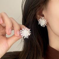 Anting-anting tusuk Vershal berlapis perak tembaga motif kembang api, set anting-anting pernyataan kristal zirkon mutiara untuk wanita