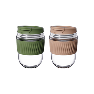 Personalised Printed 12 oz Take Away Eco Friendly clear Transparent Borosilicate Glass Coffee Drink Mug Cup with Silicone Sleeve