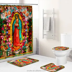定制印花批发浴室防水我们的瓜达卢佩女士3D涤纶浴帘套装配地毯