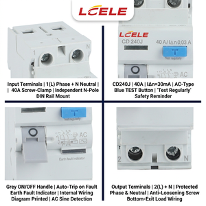 Interruptor Diferencial RCD RCCB RCBO ELCB de 2 y 4 Polos, 25-63A, Relé de Fuga a Tierra para Raspberry <span class=keywords><strong>Pi</strong></span>, 2p 40a 30mA - Product Image 2