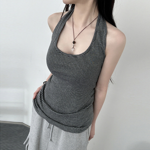 เสื้อกล้ามถักลายทางสไตล์วินเทจ Y2K สำหรับผู้หญิง คอ halter แบบ U โชว์หลัง สวมใส่สบายๆ ออกกำลังกาย เดินทาง ใช้งานได้หลากหลาย เป็นมิตรกับสิ่งแวดล้อม แห้งเร็ว - Product Image 3