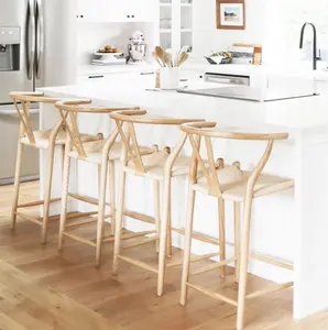 Custom Design Wicker Solid Wood Kitchen Counter High Stools Wishbone Hans Wenger Rattan Cane Bar Chair