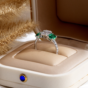 Messi Jewelry MSR-2125 9K Gold Marquise Shape Three Stone Lab Grown <b>Diamond</b> Lab Emerald <b>Ring</b> Wedding <b>Ring</b> for Women - Product Image 2