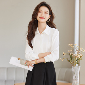 Women's White Long Sleeve Shirt Solid Color Polyester Office Wear Elegant Simple Style - Product Image 1