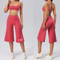 Setelan Yoga Wanita 2 Potong, Bra Olahraga Halter Ruffle, Legging Capri Pinggang Tinggi, Lembut dan Elastis untuk Olahraga di Gym