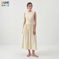 Robe midi décontractée SUHE pour femme, sans manches, col rond, coupe empire, style vintage, tissée, imprimé numérique, coupe trapèze, 100 % coton, couleur unie, respirante