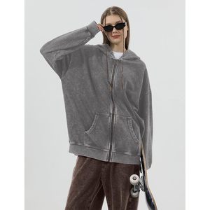 Sweat-shirt à capuche zippé oversize basique pour femme, style vintage, ample, délavé à l'acide, Y2K, rétro, grunge, tricoté, respirant - Product Image 3