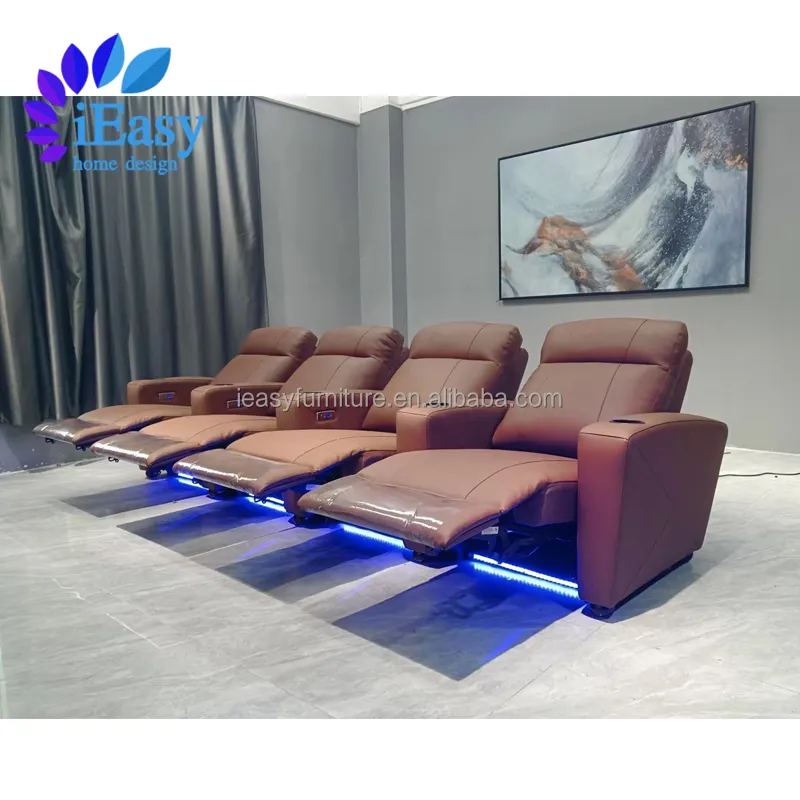 Asiento reclinable de masaje con vibración para cine en casa, sillón reclinable de cuero auténtico importado de Italia, 4 asientos