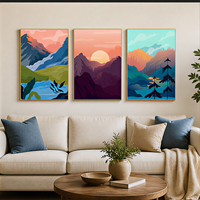 Impression d'art mural paysage montagneux abstrait, trois panneaux, orange et bleu, pour salon, bureau, hôtel, intérieurs modernes