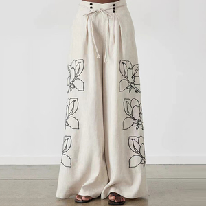 Enyami bohémien Casual oversize Casual ricamato floreale <span class=keywords><strong>pantaloni</strong></span> lunghi larghi <span class=keywords><strong>Palazzo</strong></span> plissettati donna <span class=keywords><strong>pantaloni</strong></span> - Product Image 1