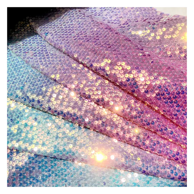 Hot Sale Sequin Crystal Rainbow Stretch Mesh Sequin Embroidery Fabric For Dress Dance Clothing