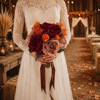 Bouquet de mariée artificiel bordeaux et orange, mélange de roses en soie, pour cérémonie de mariage d'automne et séance photo de mariée