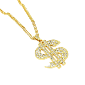 שרשרת קובנית ארוכה אופנתית יוניסקס בסגנון היפ הופ, נירוסטה מצופה זהב 18 קראט, עם אבני חן שקופות בצורת דולר - Product Image 1